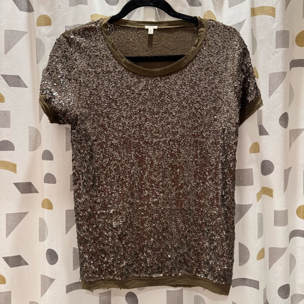 J. Crew Sequin Embellished Short Sleeve Top - Olive Green